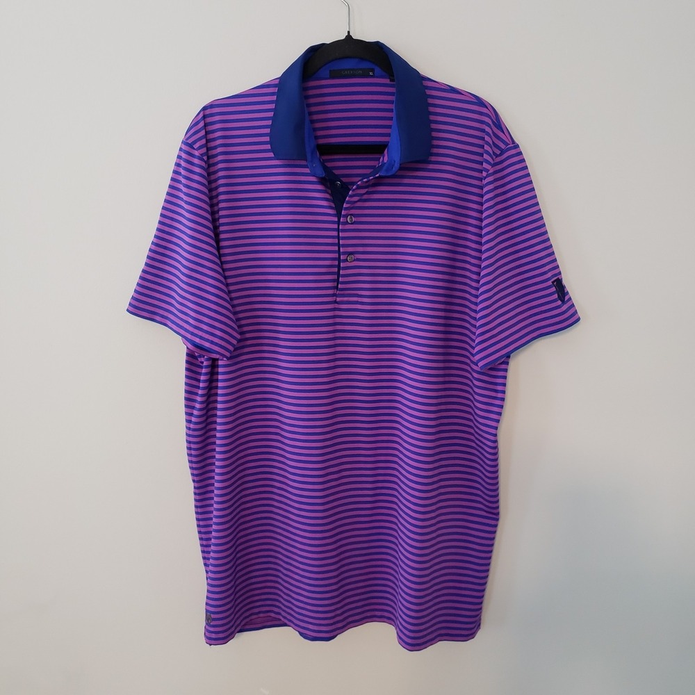 Greyson Mens Polo Golf Shirt XL Striped Preppy Logo Patch Stretch Performance